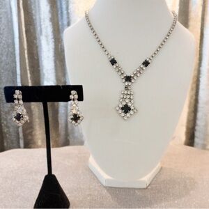 Vintage Art Deco Revival Rhinestone Necklace & Earrings Set 1940s 1950s